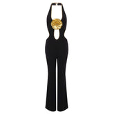 Black Cut Out Halter Golden Flower Jumpsuit