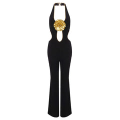 Black Cut Out Halter Golden Flower Jumpsuit