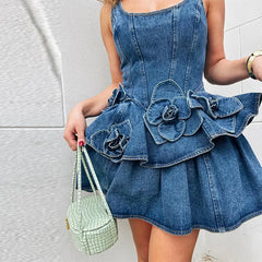 3D Flower Denim Mini Dress