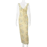 Yellow Floral Frill Strap Midi Dress