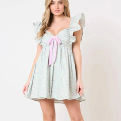 Charming Bow Detail Mini Dress - Ruffled V-Neck & A-Line Silhouett