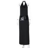 Black Halter Backless Sequin Patchwork Maxi Dress