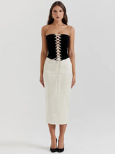 Black Lace Up Corset Top And White Satin Midi Skirt Set