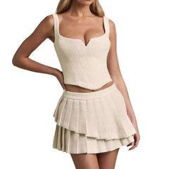 Solid Back Lace Up Crop Top And Pleated Frill Mini Skirt Set