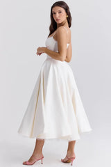 Satin Bustier Strap Tulle Midi Dress