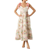 Wide Shoulder Straps Floral Print Long Dress