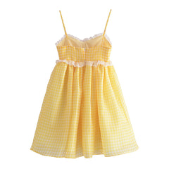 Yellow Plaid Puff Babydoll Mini Dress