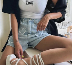 Heart Denim Crop Shorts - Casual High Waist
