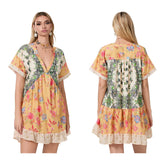 Floral Print Short Sleeve V-Neck Ruffled Hem Loose Mini Dress with Pockets