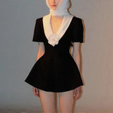 Black V-neck Flower Romper