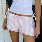 Pink Striped Lace Trim Shorts