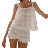 White Heart Pattern Jacquard Eyelet Pajamas Strap Camis Crop Tops + Bloomers Shorts Set