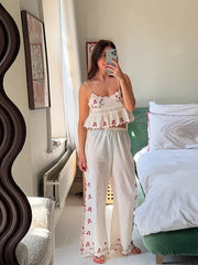 White Flower Embroidery Tank Top And Pants Sets
