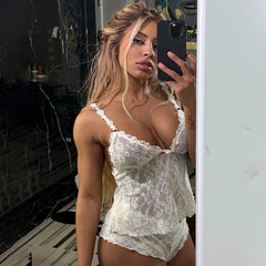 White Lace Crop Top & Shorts Set �Sheer Summer Style