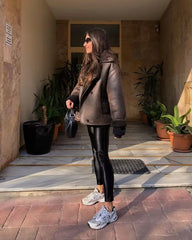 Brown Faux Leather Black Lining Fur Jacket