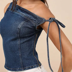 Denim One Shoulder Tie-up Top