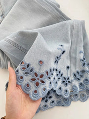 Eyelet Embroidered Wide Leg Denim Pants