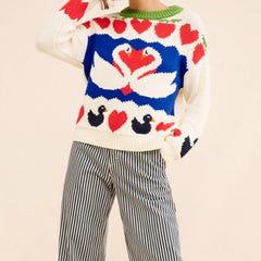 Swan Love Heart Pattern Ribbed Crew Neck Sweater