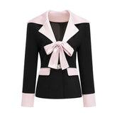 Black Blazer With Pink Satin Satin Contrast And Mini Skirt Set