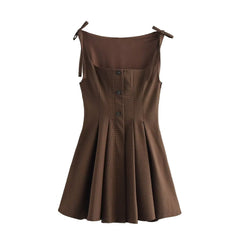 Brown Gingham Tie Up Square Neck Pleated Mini Dress