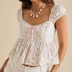 White Floral Print Babydoll Crop Top