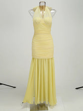Yellow Halter Tie Up Ruched Mesh Maxi Dress