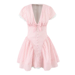 Pink Plaid Lace Corset Style Mini Dress