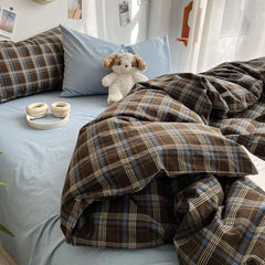 Bedding Set Ins Ambiance Blue Coffee Grid Mixed With Washed Cotton Minimalist Four Piece Set Fitted Sheets Duvet Cover