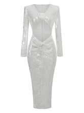 White Sequin Long Sleeve Flower Maxi Dress