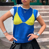 Ribbed 3D Bra Pattern Crew Neck Sleeveless Sweater