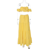 Flower Puff Sleeve Ruffles Crop Top And Maxi Skirt Set