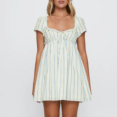 Strips Short Sleeve Babydoll Mini Dress
