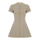 Knitted Short Sleeve Button A-Line Mini Dress