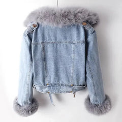 Faux Fur Collar Lining Denim Jacket