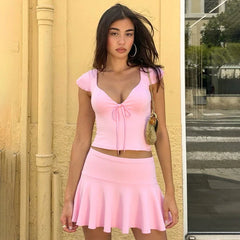 Short Sleeve Ruched Tie Up Top And Mini Skirt Set