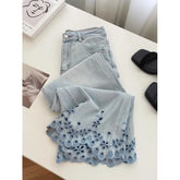 Eyelet Embroidered Wide Leg Denim Pants
