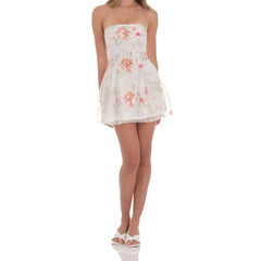 White Strapless Sequin Floral Embroidery Lace Up Mini Dress