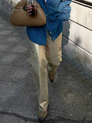 Metallic High Waist Denim Straight Leg Pants