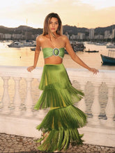 Green Tassel Bralette Set �Layered Maxi Skirt