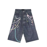 3D Chain Printing Denim Baggy Capri Shorts Jeans