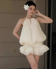 Halter Backless Top And Low Waist Ruffle Skirts Set