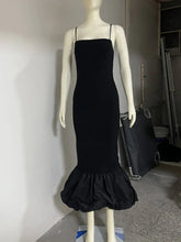 Black Spaghetti Strap Balloon Fishtail Midi Dress