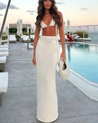 Flower White Knitted Bikini Top Low Waisted Wrap Long Skirt Set