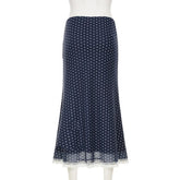 Blue Polka Dot Lace Trim Midi Skirt