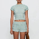 Plaid Print Smocked Crew Neck Top And High Waist Shorts Set
