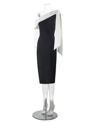 Black One Shoulder Contrast Tie Up Midi Dress