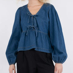 Denim Bowknot Peplum Blouse Top