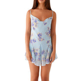 Blue Floral Print Cowl Neck Backless Ruffles Mesh Mini Dress