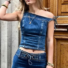 Denim One Shoulder Tie-up Top