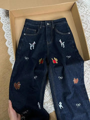 Embroidered High Waisted Straight Leg Jeans